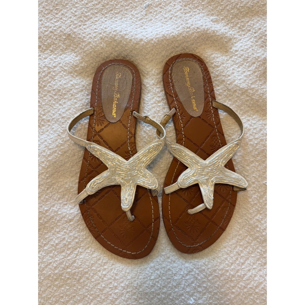 Tommy Bahama Beaded Starfish Sandals White Brown Flat Thong Flip Flops Coastal